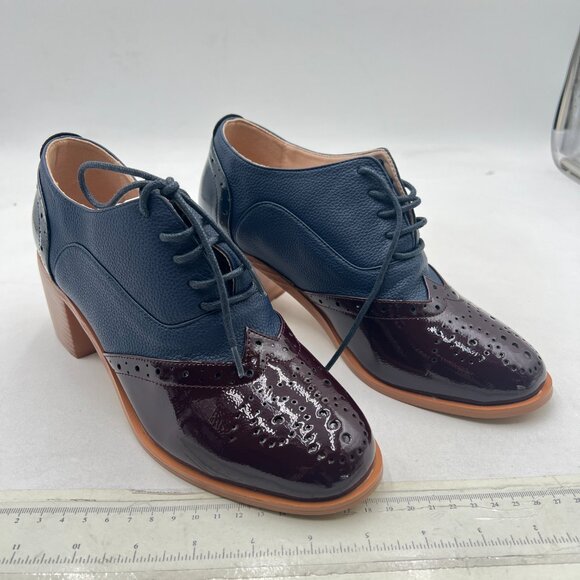 FOWT Blue Women's Perforated Lace-Up Oxfords Almond Toe Mid Chunky Heel Shoes - Picture 4 of 8